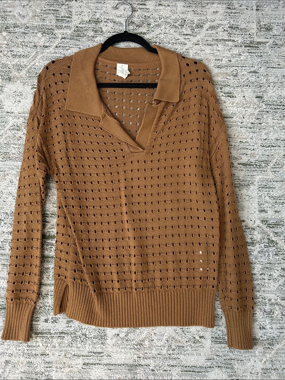 Joie Open-Knit V-Neck Sweater in Camel Brown